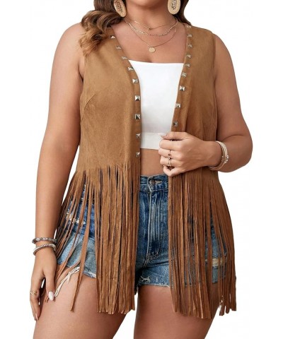 Women's Plus Size Fringe Trim Studded Detail Open Front V Neck Suede Boho Vest Jacket Brown $23.08 Vests