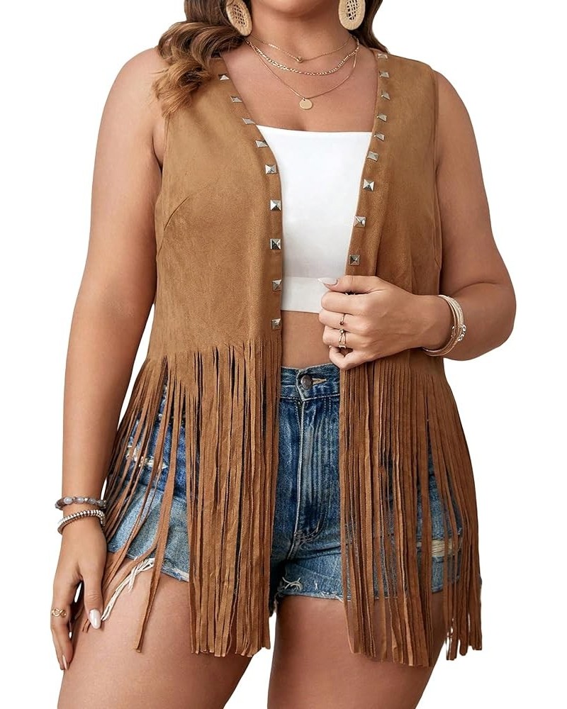 Women's Plus Size Fringe Trim Studded Detail Open Front V Neck Suede Boho Vest Jacket Brown $23.08 Vests