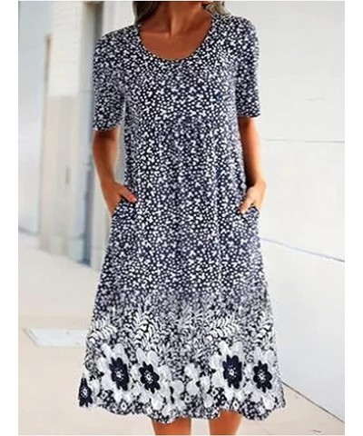 Women's Summer Floral Print Dress Casual Round Collar Short Sleeves Knee Length Beach Dress with Pocket Loose Sundress Floral...