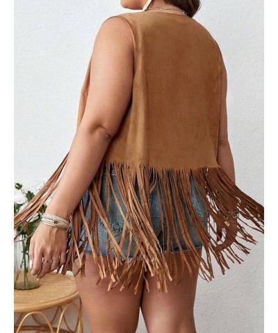 Women's Plus Size Fringe Trim Studded Detail Open Front V Neck Suede Boho Vest Jacket Brown $23.08 Vests