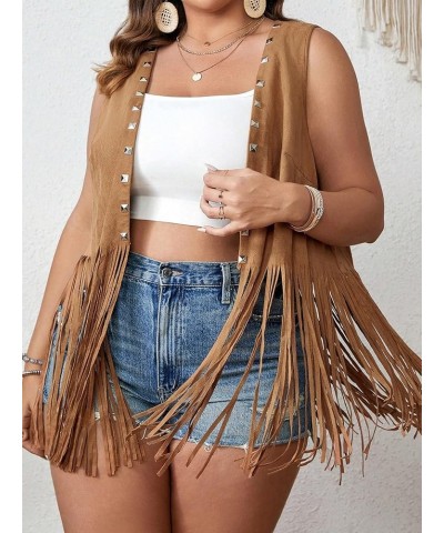 Women's Plus Size Fringe Trim Studded Detail Open Front V Neck Suede Boho Vest Jacket Brown $23.08 Vests