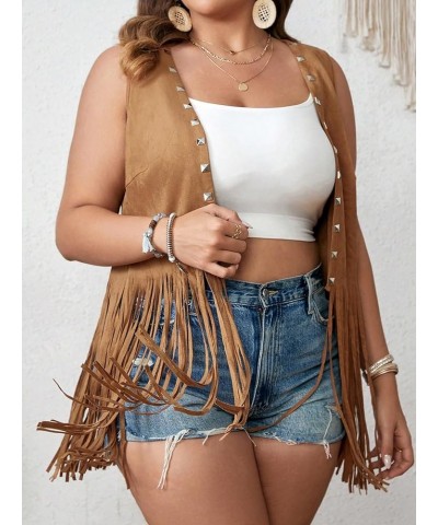 Women's Plus Size Fringe Trim Studded Detail Open Front V Neck Suede Boho Vest Jacket Brown $23.08 Vests