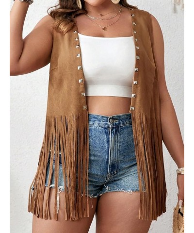 Women's Plus Size Fringe Trim Studded Detail Open Front V Neck Suede Boho Vest Jacket Brown $23.08 Vests