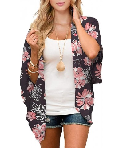 Womens Floral Kimono Cover Ups Short Sleeve Kimono Cardigans Casual Shawl Cardigan Loose Open Front Kimono Tops Pink Black $1...