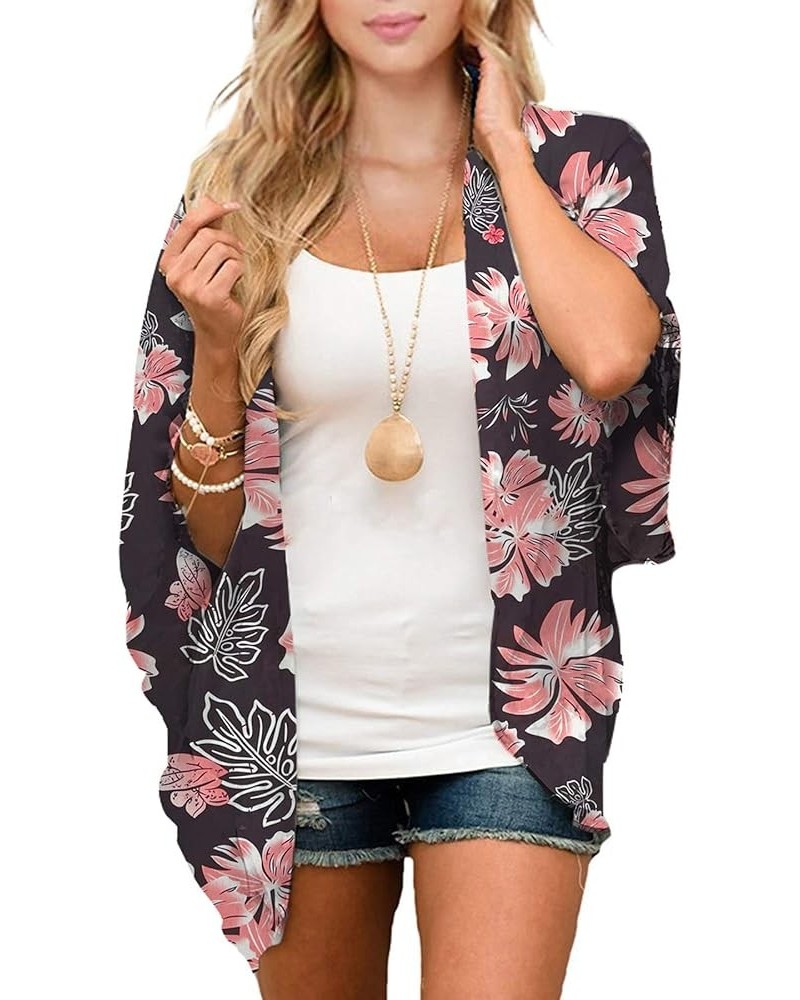 Womens Floral Kimono Cover Ups Short Sleeve Kimono Cardigans Casual Shawl Cardigan Loose Open Front Kimono Tops Pink Black $1...