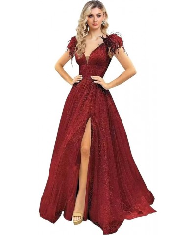 Women's V Neck Sequin Prom Dresses Sequin Ball Gowns Off Shoulder Feather Wedding Party Gown Wine Wine Red $53.62 Dresses