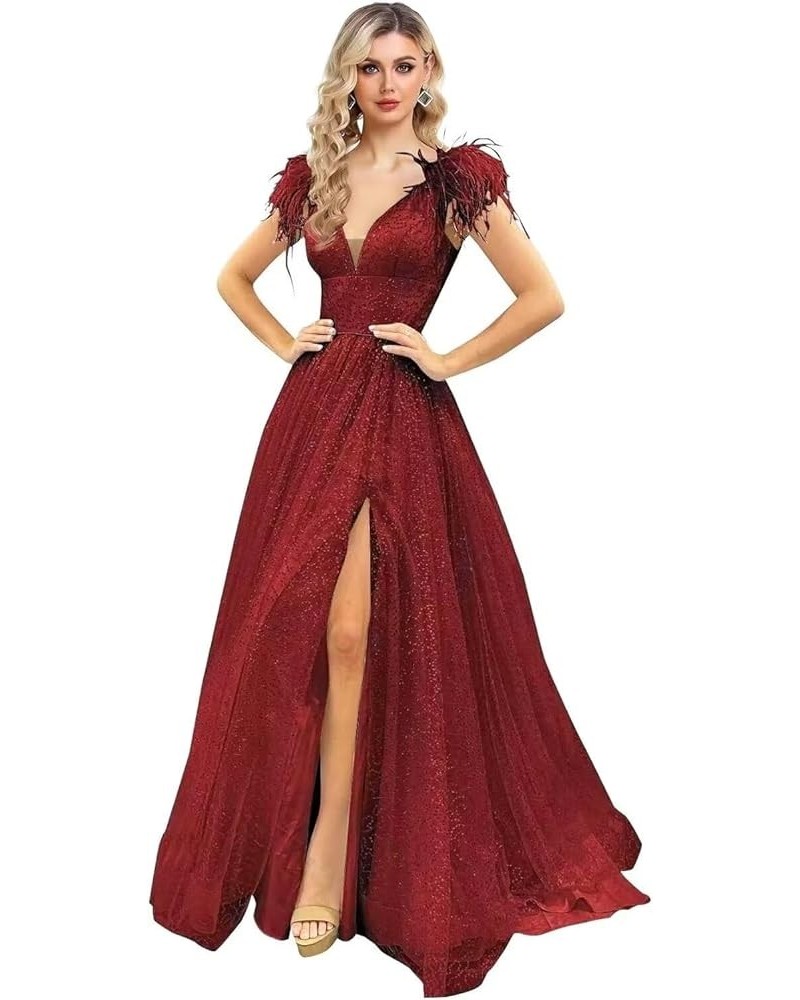 Women's V Neck Sequin Prom Dresses Sequin Ball Gowns Off Shoulder Feather Wedding Party Gown Wine Wine Red $53.62 Dresses