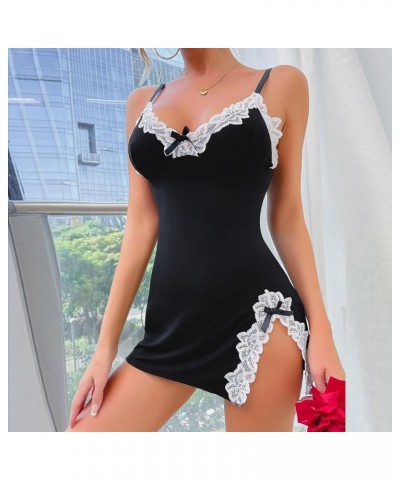 Lingerie for Women Sexy Lace Mesh Babydolls Sleepwear Chemise Strappy V Neck Chemises Nightgown Sleepwear Nightdress 02-black...