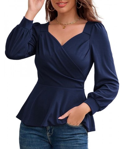 2024 Womens Summer Tops Elegant Peplum Top Wrap V Neck Puff Short Sleeve Shirts Tops Blouse Navy Blue-044 $12.52 Blouses