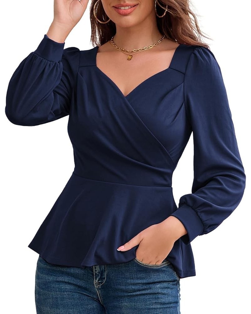 2024 Womens Summer Tops Elegant Peplum Top Wrap V Neck Puff Short Sleeve Shirts Tops Blouse Navy Blue-044 $12.52 Blouses