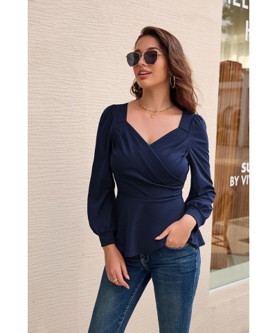 2024 Womens Summer Tops Elegant Peplum Top Wrap V Neck Puff Short Sleeve Shirts Tops Blouse Navy Blue-044 $12.52 Blouses