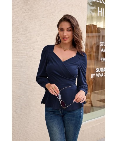 2024 Womens Summer Tops Elegant Peplum Top Wrap V Neck Puff Short Sleeve Shirts Tops Blouse Navy Blue-044 $12.52 Blouses