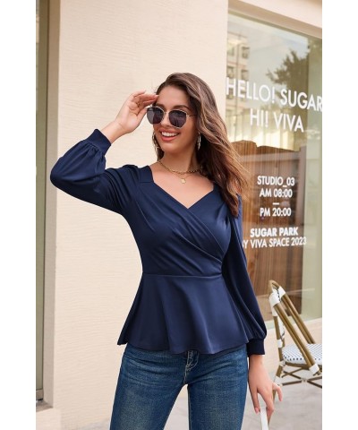 2024 Womens Summer Tops Elegant Peplum Top Wrap V Neck Puff Short Sleeve Shirts Tops Blouse Navy Blue-044 $12.52 Blouses