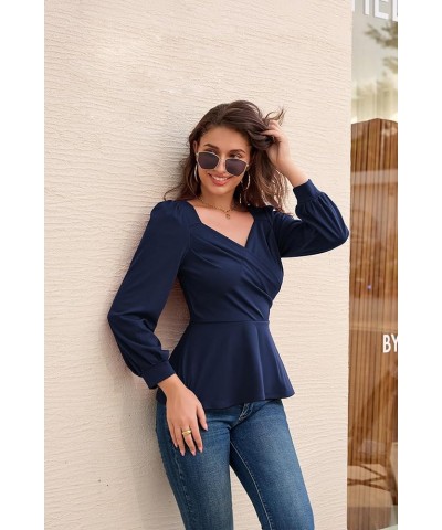 2024 Womens Summer Tops Elegant Peplum Top Wrap V Neck Puff Short Sleeve Shirts Tops Blouse Navy Blue-044 $12.52 Blouses