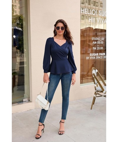 2024 Womens Summer Tops Elegant Peplum Top Wrap V Neck Puff Short Sleeve Shirts Tops Blouse Navy Blue-044 $12.52 Blouses