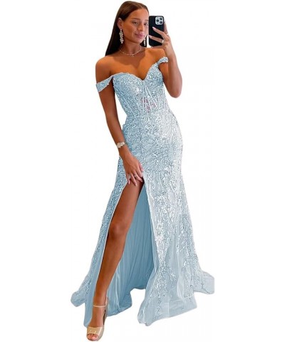 Off The Shoulder Long Prom Dress with Slit Sequined Lace Appliques Mermaid Evening Gown for Women BF58 Light Blue $45.31 Dresses