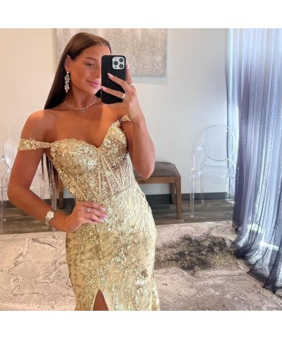 Off The Shoulder Long Prom Dress with Slit Sequined Lace Appliques Mermaid Evening Gown for Women BF58 Light Blue $45.31 Dresses