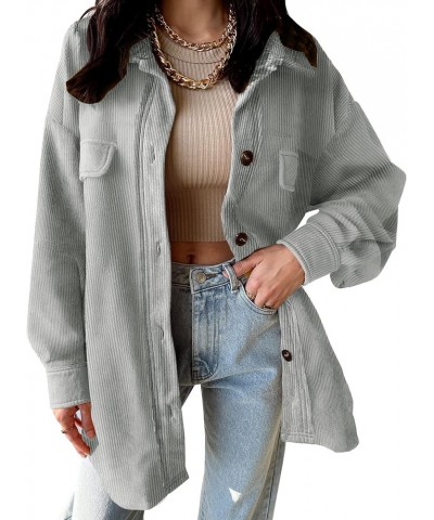 Womens Corduroy Shacket Blouses Button Down Shirts Pocket Long Sleeves Tops Jacket Coats Light Grey $23.36 Tops