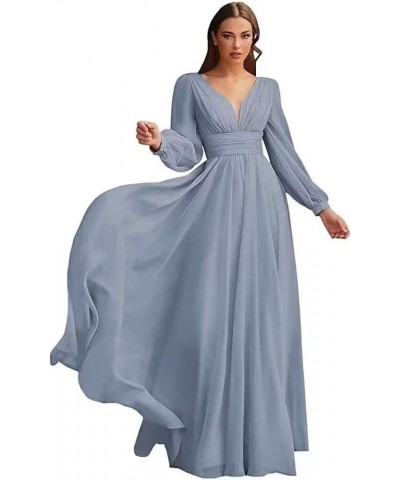 Chiffon Bridesmaid Dresses Long Pleated for Women V Neck Formal Party Maxi Gown with Long Puffy Sleeves DR0109 Dusty Blue $38...