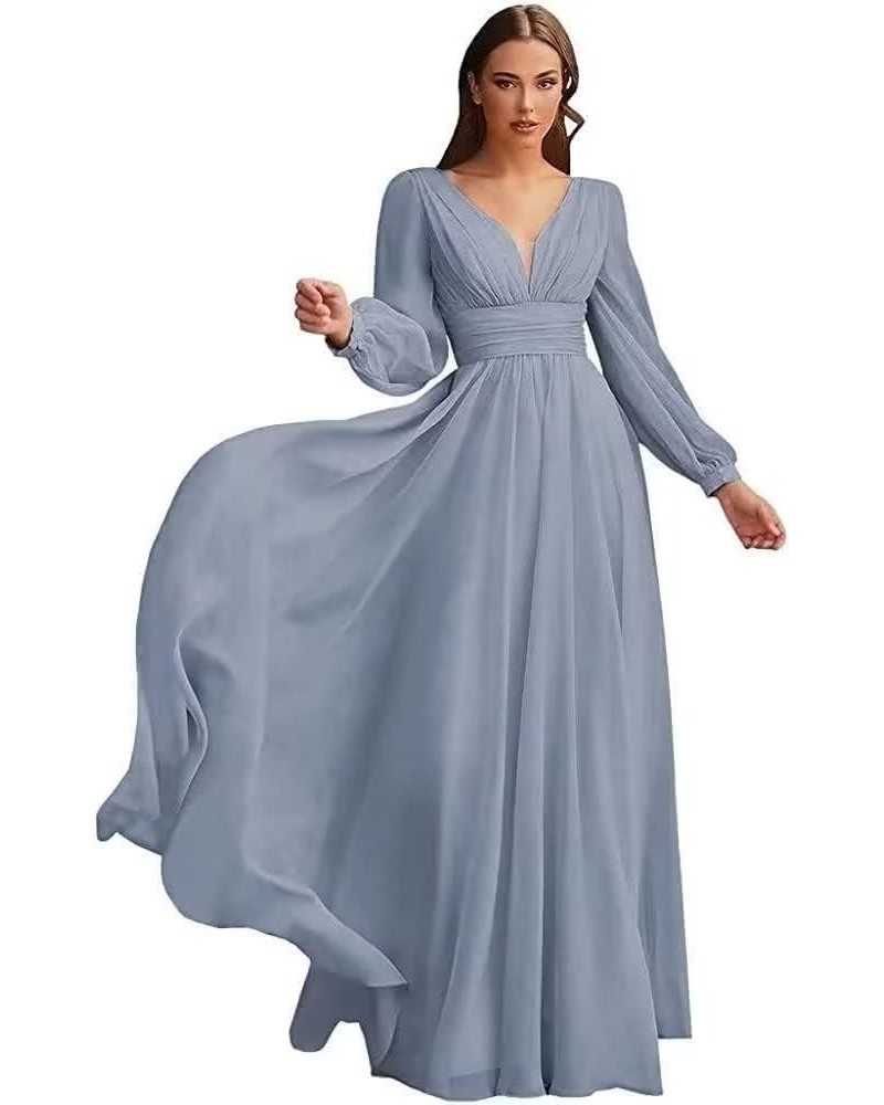 Chiffon Bridesmaid Dresses Long Pleated for Women V Neck Formal Party Maxi Gown with Long Puffy Sleeves DR0109 Dusty Blue $38...