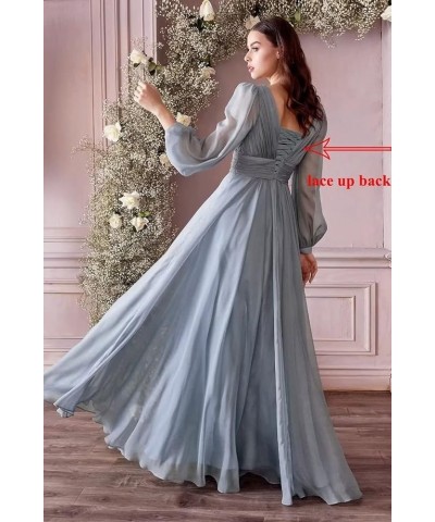 Chiffon Bridesmaid Dresses Long Pleated for Women V Neck Formal Party Maxi Gown with Long Puffy Sleeves DR0109 Dusty Blue $38...