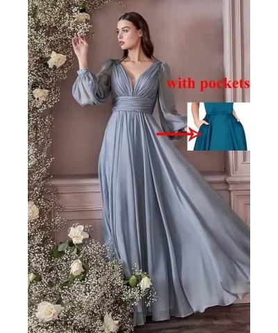 Chiffon Bridesmaid Dresses Long Pleated for Women V Neck Formal Party Maxi Gown with Long Puffy Sleeves DR0109 Dusty Blue $38...