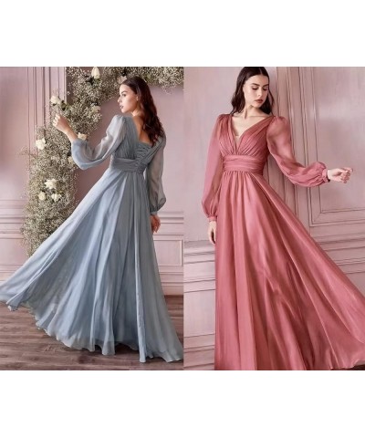 Chiffon Bridesmaid Dresses Long Pleated for Women V Neck Formal Party Maxi Gown with Long Puffy Sleeves DR0109 Dusty Blue $38...