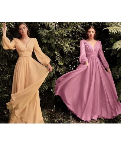 Chiffon Bridesmaid Dresses Long Pleated for Women V Neck Formal Party Maxi Gown with Long Puffy Sleeves DR0109 Dusty Blue $38...