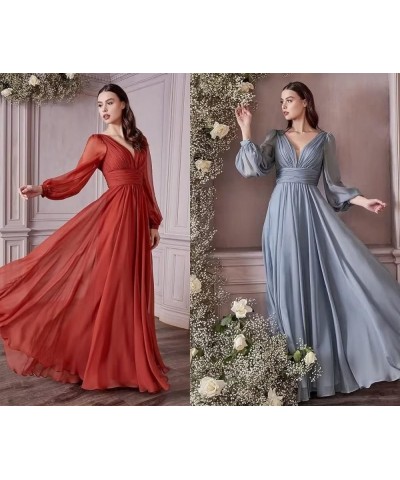 Chiffon Bridesmaid Dresses Long Pleated for Women V Neck Formal Party Maxi Gown with Long Puffy Sleeves DR0109 Dusty Blue $38...