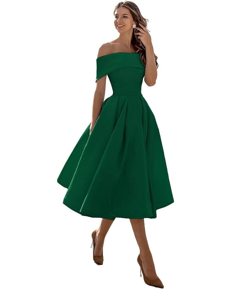 Women's Off The Shoulder Short A-line Homecoming Dress Satin Bridesmaid Prom Gown with Pockets Emerald Green $39.87 Dresses