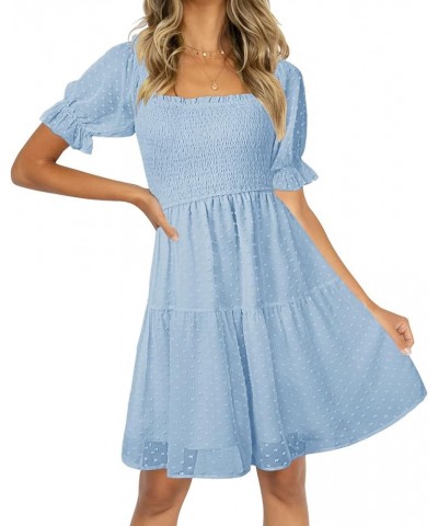 Womens Square Neck Puff Sleeve Mini Dress Summer Chiffon Swiss Dot Flowy Smocked Dress Blue $21.56 Dresses