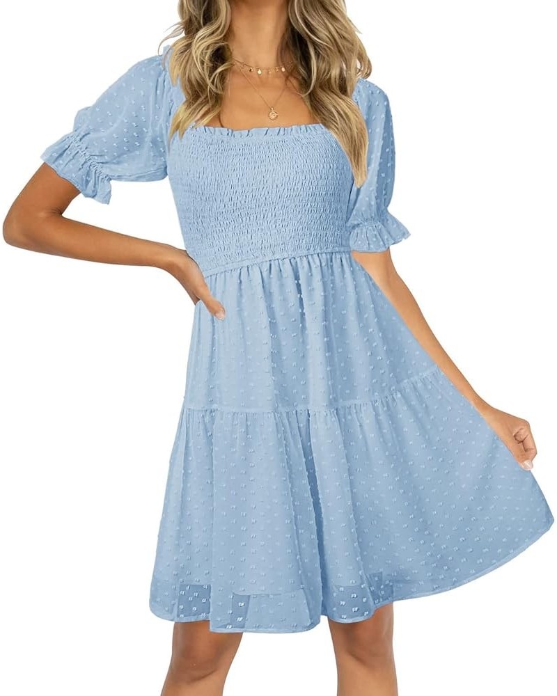 Womens Square Neck Puff Sleeve Mini Dress Summer Chiffon Swiss Dot Flowy Smocked Dress Blue $21.56 Dresses