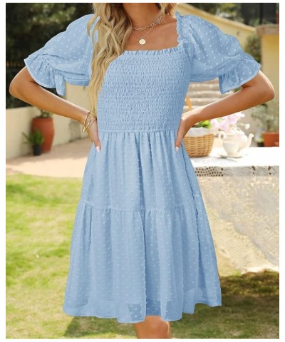 Womens Square Neck Puff Sleeve Mini Dress Summer Chiffon Swiss Dot Flowy Smocked Dress Blue $21.56 Dresses