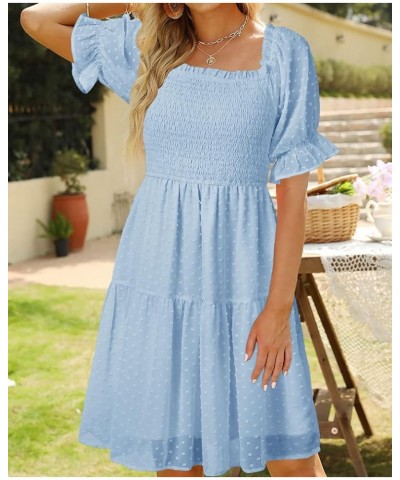 Womens Square Neck Puff Sleeve Mini Dress Summer Chiffon Swiss Dot Flowy Smocked Dress Blue $21.56 Dresses