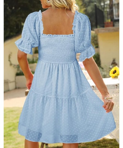 Womens Square Neck Puff Sleeve Mini Dress Summer Chiffon Swiss Dot Flowy Smocked Dress Blue $21.56 Dresses