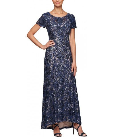 Women's Long Rosette Lace Cap Sleeve Gown Navy/Nude Lace $72.48 Dresses