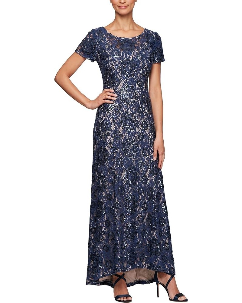 Women's Long Rosette Lace Cap Sleeve Gown Navy/Nude Lace $72.48 Dresses