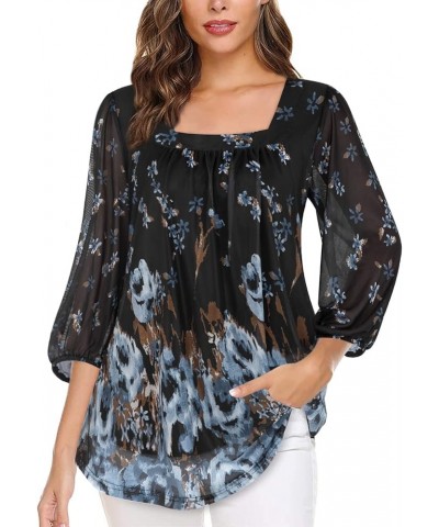 Loose Lantern 3/4 Sleeve Blouse for Women Square Neck Casual Flowy Tunic Tops Mesh Shirts Black $11.19 Blouses