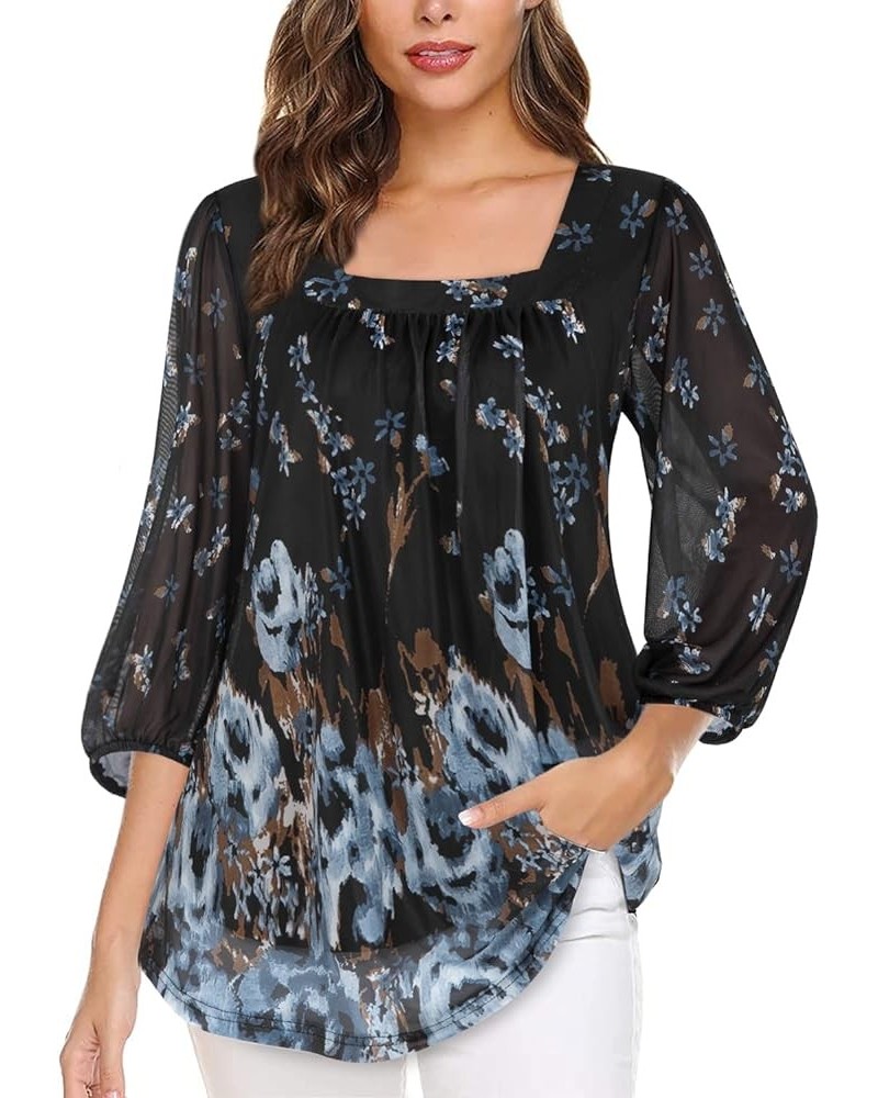 Loose Lantern 3/4 Sleeve Blouse for Women Square Neck Casual Flowy Tunic Tops Mesh Shirts Black $11.19 Blouses