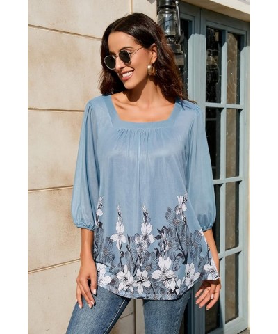 Loose Lantern 3/4 Sleeve Blouse for Women Square Neck Casual Flowy Tunic Tops Mesh Shirts Black $11.19 Blouses