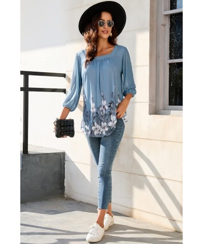 Loose Lantern 3/4 Sleeve Blouse for Women Square Neck Casual Flowy Tunic Tops Mesh Shirts Black $11.19 Blouses