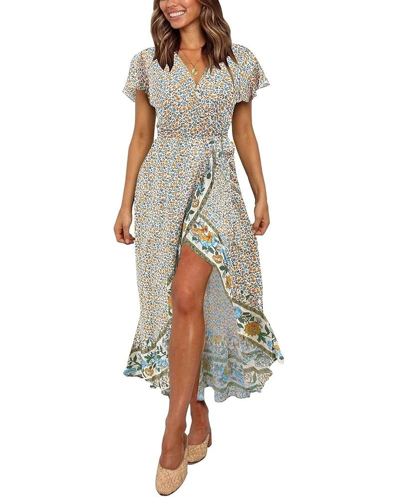 Women's Summer Bohemian Floral Printed Wrap V Neck Beach Party Flowy Ruffle Midi Dress Cream $27.53 Dresses