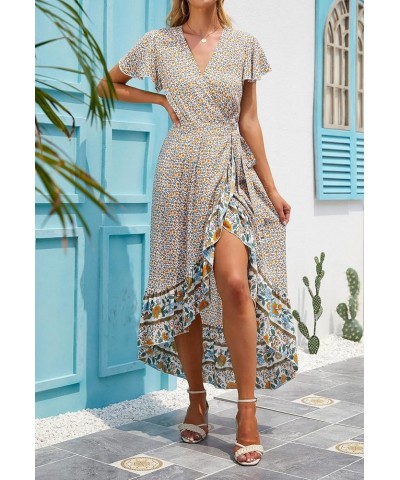 Women's Summer Bohemian Floral Printed Wrap V Neck Beach Party Flowy Ruffle Midi Dress Cream $27.53 Dresses