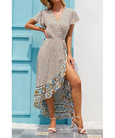 Women's Summer Bohemian Floral Printed Wrap V Neck Beach Party Flowy Ruffle Midi Dress Cream $27.53 Dresses