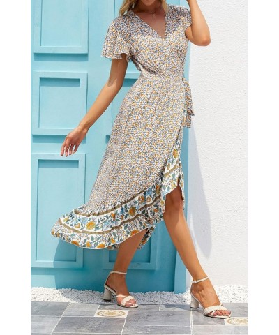 Women's Summer Bohemian Floral Printed Wrap V Neck Beach Party Flowy Ruffle Midi Dress Cream $27.53 Dresses