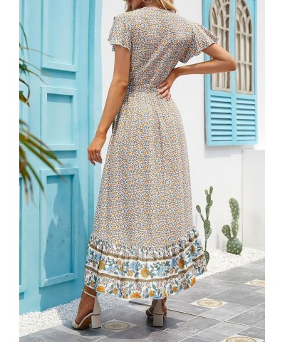 Women's Summer Bohemian Floral Printed Wrap V Neck Beach Party Flowy Ruffle Midi Dress Cream $27.53 Dresses