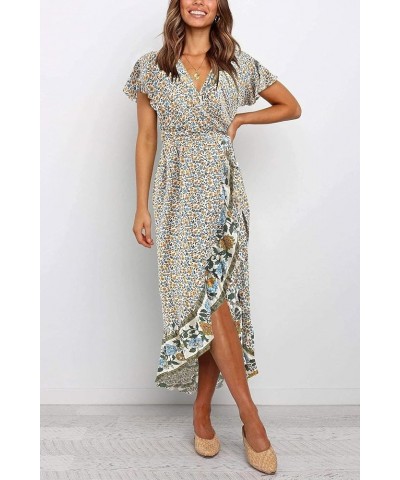 Women's Summer Bohemian Floral Printed Wrap V Neck Beach Party Flowy Ruffle Midi Dress Cream $27.53 Dresses