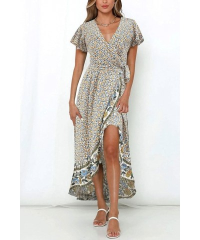 Women's Summer Bohemian Floral Printed Wrap V Neck Beach Party Flowy Ruffle Midi Dress Cream $27.53 Dresses