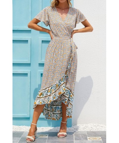 Women's Summer Bohemian Floral Printed Wrap V Neck Beach Party Flowy Ruffle Midi Dress Cream $27.53 Dresses