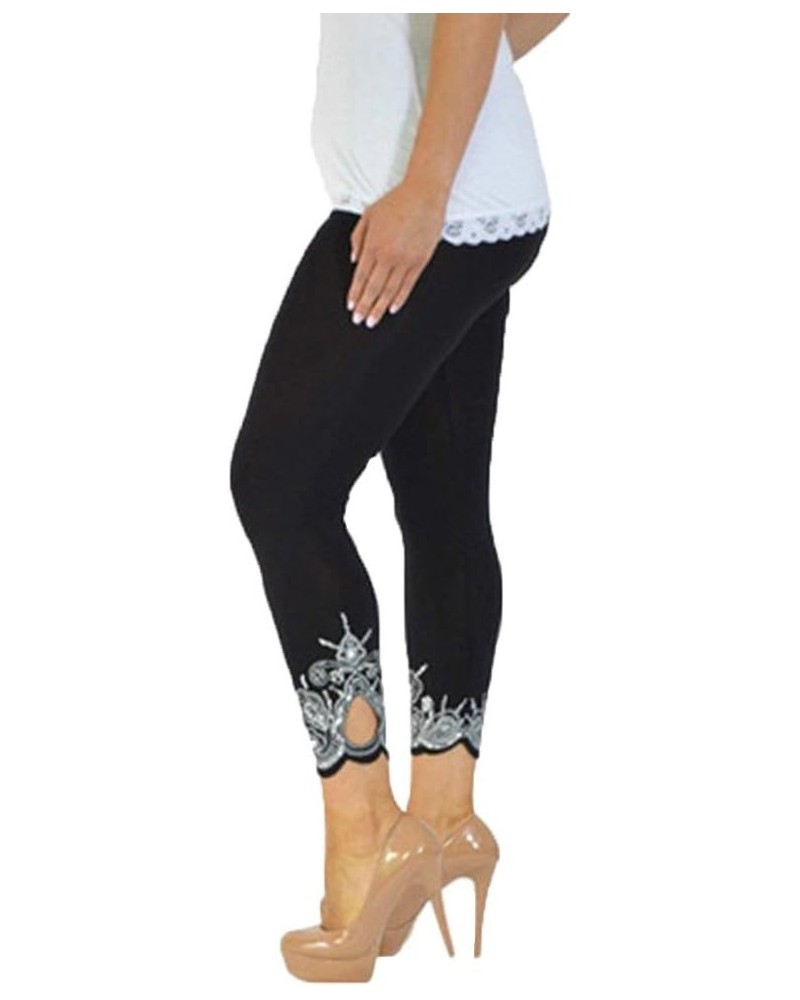 Womens Leggings Solid Basic Lace Cuff High Waist Stretch Long Yoga Pants Black $9.88 Leggings